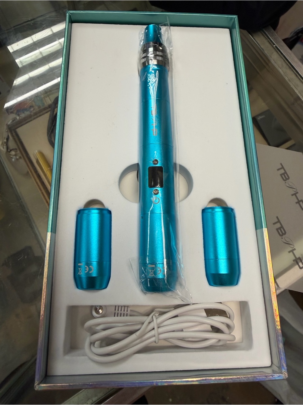 Turquoise Blue Portable Electronic Pen Charger with Dual Caps
